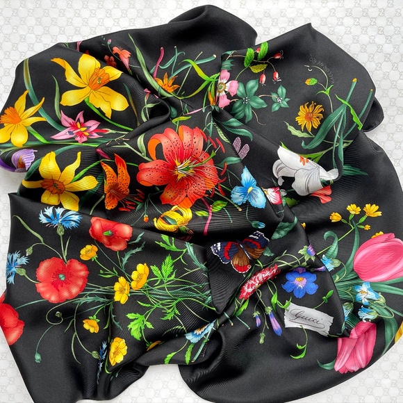 New Gucci Scarf Iconic Floral Black Silk Wrap - Picture 15 of 15